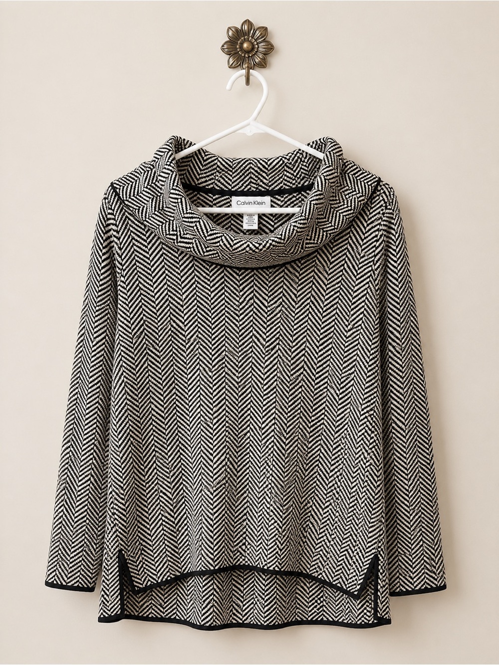 Calvin Klein Black & White Chevron Cowl Neck Sweater
